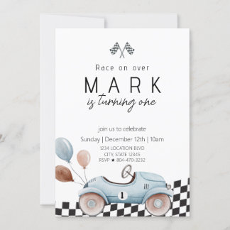 Invitation Blue Vintage Race Car Anniversaire