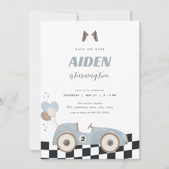 Invitation Blue Vintage Race Car Boy Birthday Invite  (Devant)