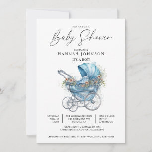 Invitation Blue Vintage Stroller C'est un Baby shower garçon
