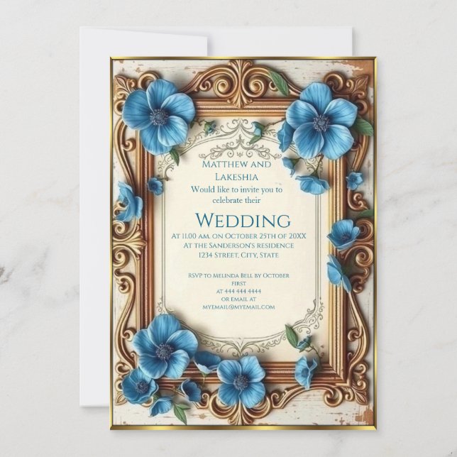 Invitation Blue Vintage Wedding Beautiful floral French  (Dos)
