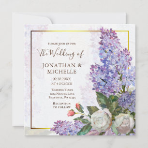 Invitation Blue violet Lilacs Gold Frame Christian Mariage
