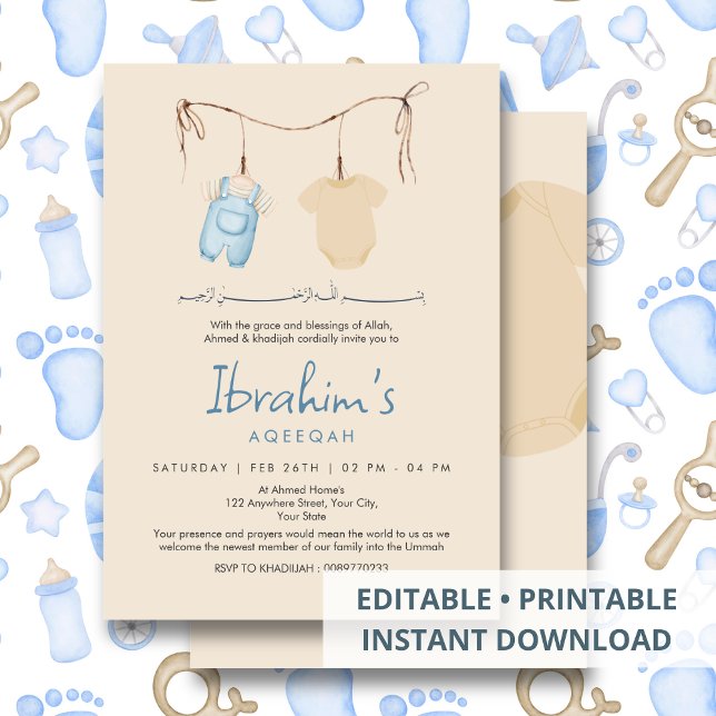 Invitation Blue Watercolor Baby Clothes Aqeeqah Islamic (Créateur téléchargé)