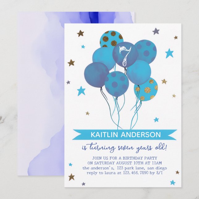 Invitation Blue Watercolor Balloons Girl 7th Birthday Party  (Devant / Derrière)