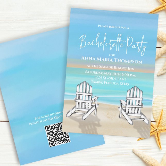 Invitation Blue Watercolor Beach Bacheloro Party QR Code (Créateur téléchargé)