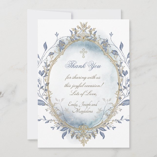 Invitation blue watercolor beige frame thank you card (Devant)