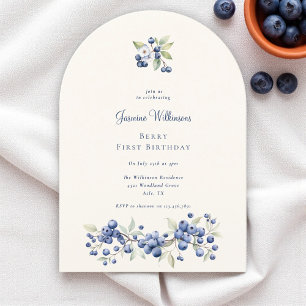 Invitation Blue Watercolor Berry Première fête d'anniversaire