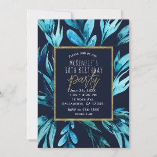 Invitation Blue Watercolor Botanique Glam fête d'anniversaire