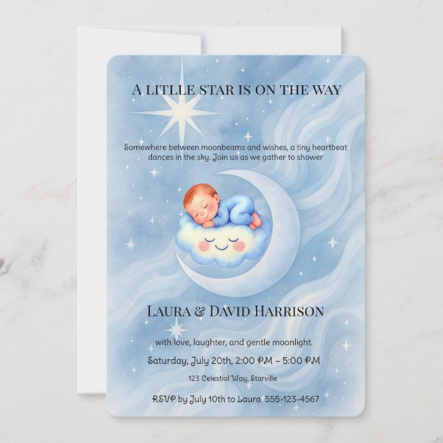 Invitation Blue Watercolor Celestial Baby Shower Little Star  (Devant)