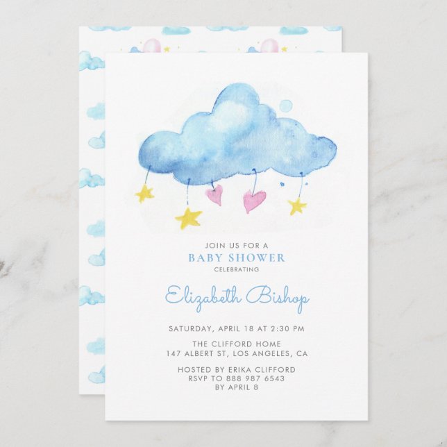 Invitation Blue Watercolor Cloud Sexe Baby shower neutre (Devant / Derrière)