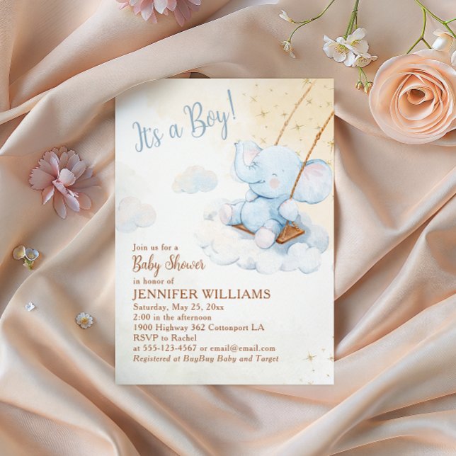 Invitation Blue Watercolor Elephant Swing Boy Baby Shower (Créateur téléchargé)