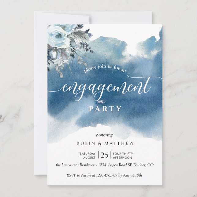 Invitation Blue Watercolor et Blue Floral Engagement Party (Devant)