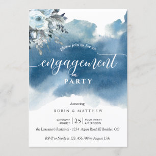 Invitation Blue Watercolor et Blue Floral Engagement Party