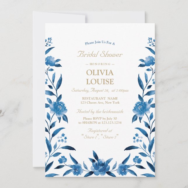 Invitation Blue Watercolor floral Chinoiserie nuptiale douche (Devant)