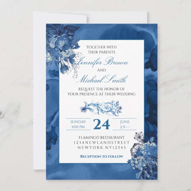 Invitation Blue Watercolor floral Elégant mariage (Devant)