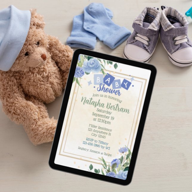 Invitation Blue Watercolor Floral Leaves Baby Shower (Créateur téléchargé)