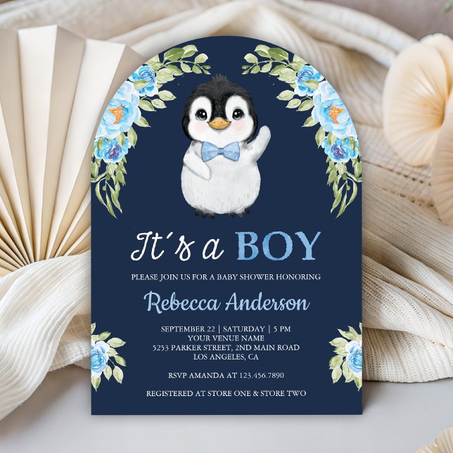 Invitation Blue Watercolor Floral Penguin Navy Baby Shower (Créateur téléchargé)
