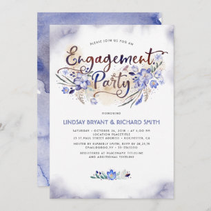 Invitation Blue Watercolor Floral Script Engagement