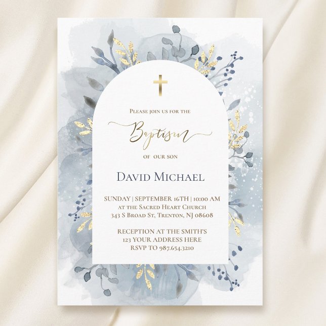 Invitation blue watercolor foliage Baptism  (Créateur téléchargé)