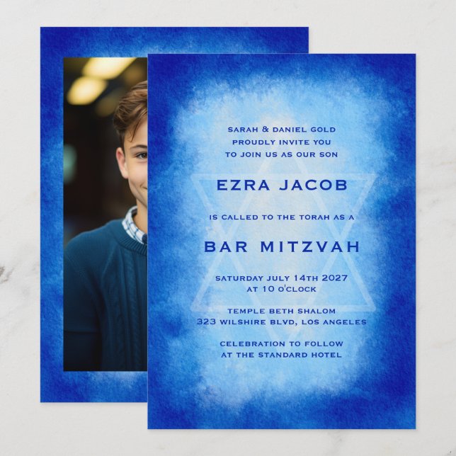Invitation Blue Watercolor Frame Custom PHOTO Bar Bat Mitzvah (Devant / Derrière)