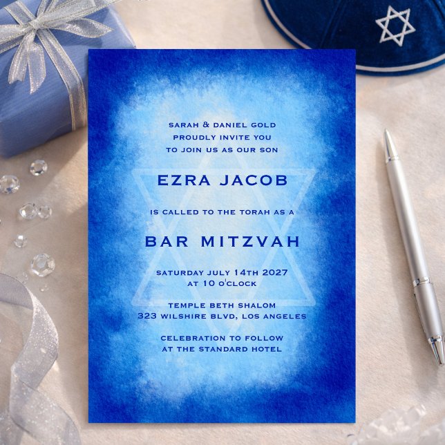Invitation Blue Watercolor Frame Star Custom Bar Bat Mitzvah (Blue Watercolor Frame Star Custom Bar Bat Mitzvah Invitation
)