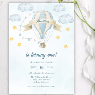 Invitation Blue Watercolor Hot Air Ballon Boy 1er anniversair
