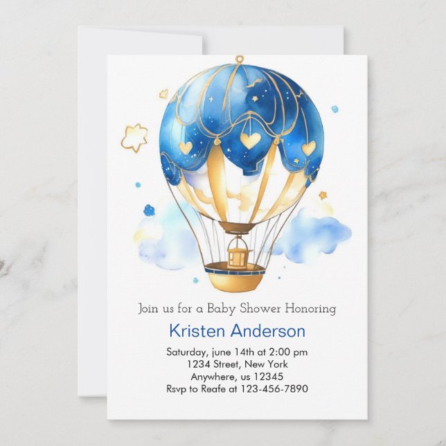 Invitation Blue Watercolor Hot Air Balloon Baby shower garçon (Devant)
