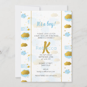 Invitation Blue Watercolor Nuages Gold Stars Sky Baby shower