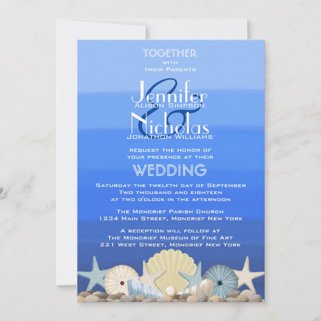 Invitation Blue Watercolor Ombre Nautical Beach Wedding (Devant)