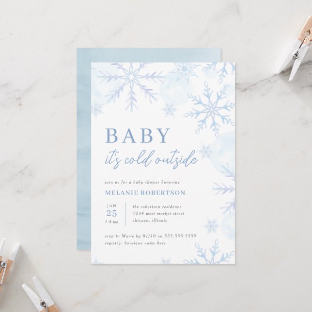 Invitation Blue Watercolor Snowflakes Winter Boy Baby shower (Devant/Arrière en situation)