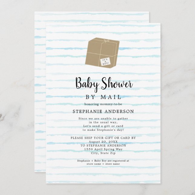 Invitation Blue Watercolor Stripes Boy Baby shower par mail (Devant / Derrière)