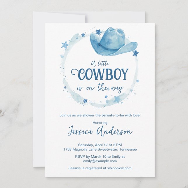 Invitation Blue Watercolor Western Cowboy Hat Baby Shower  (Devant)