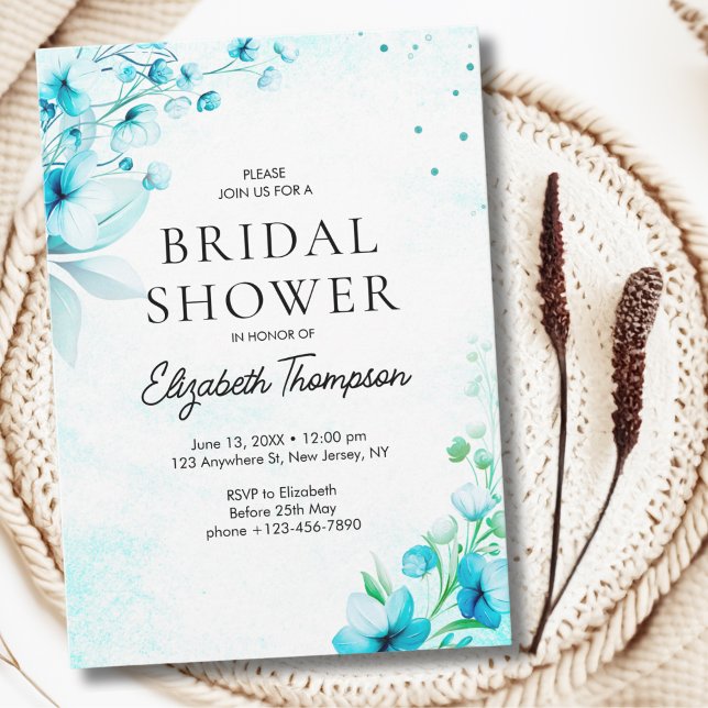 Invitation Blue Watercolor Wildflowers Modern Bridal Shower (Créateur téléchargé)