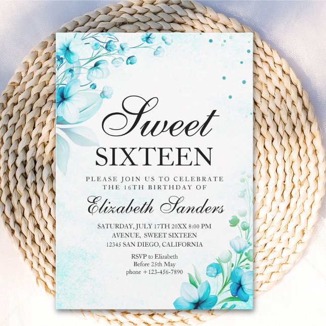Invitation  Blue Watercolor Wildflowers Modern Sweet Sixteen (Créateur téléchargé)