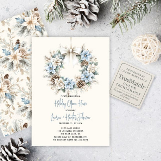 Invitation Blue Watercolor Wreath Holiday Open House Party (Créateur téléchargé)