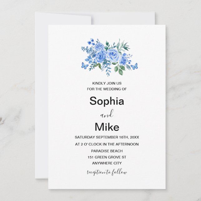 Invitation Blue Watercolour Floral Butterflies Wedding (Devant)