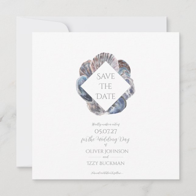 Invitation Blue Watercolour Sea Shell Save the Date Flat Card (Devant)