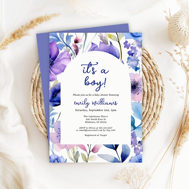 Invitation Blue Watercolour Wildflower Its a Boy Baby Shower (Créateur téléchargé)