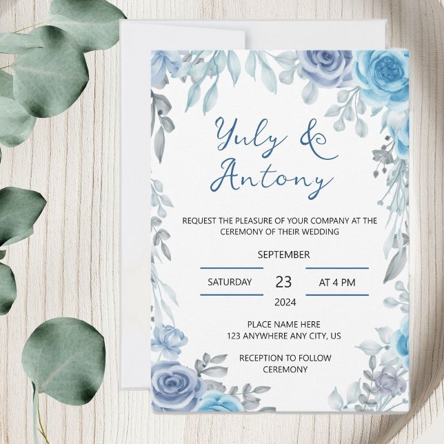 Invitation Blue wedding Invitación para boda azul floral (Tarjeta floral tonos azul y gris acuarela)