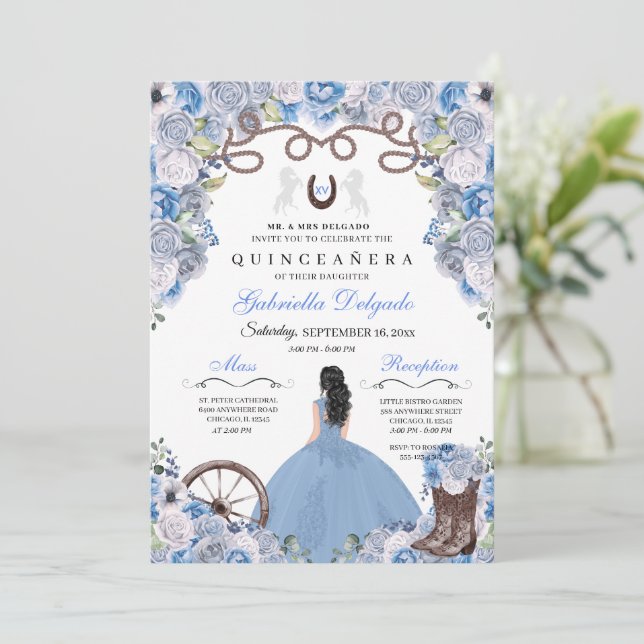 Invitation Blue Western Charra Girl Ranchero Quinceanera (Debout devant)