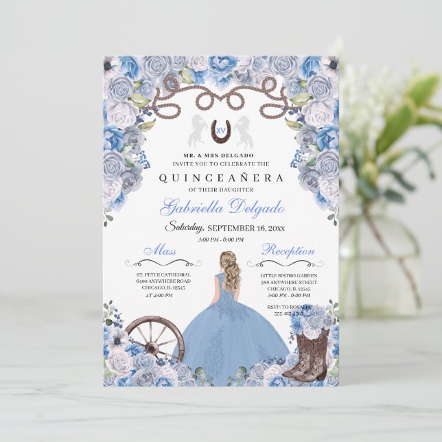 Invitation Blue Western Charra Girl Ranchero Quinceanera (Debout devant)