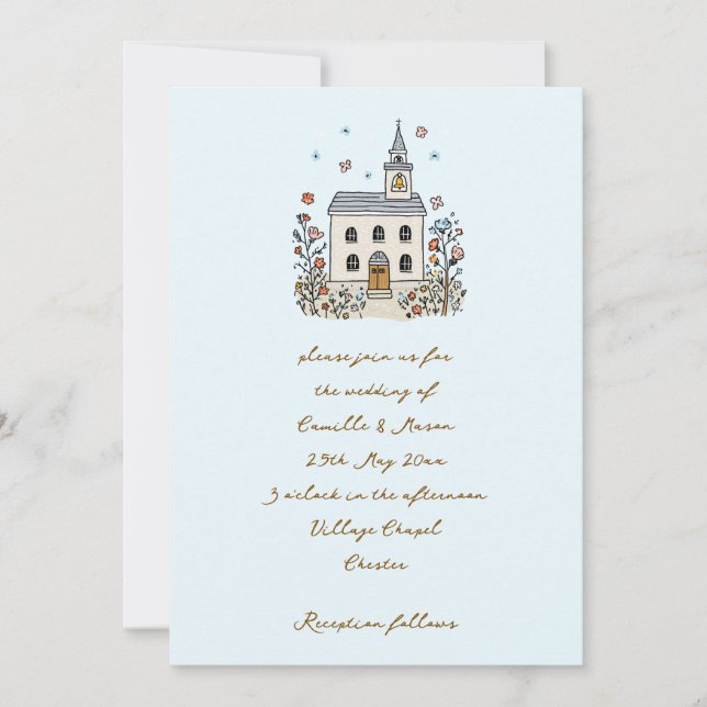Invitation Blue Whimsical Chapel Doodle Wedding (Devant)