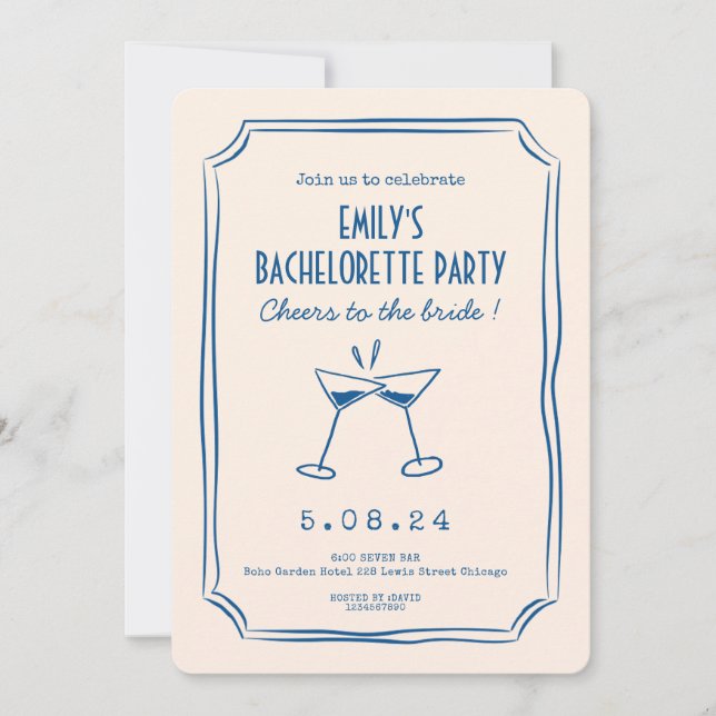 Invitation Blue Whimsical Funky Bachelorette Party (Devant)