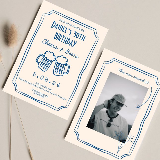 Invitation Blue Whimsical Funky Cheers Bières 30 e anniversai (Créateur téléchargé)