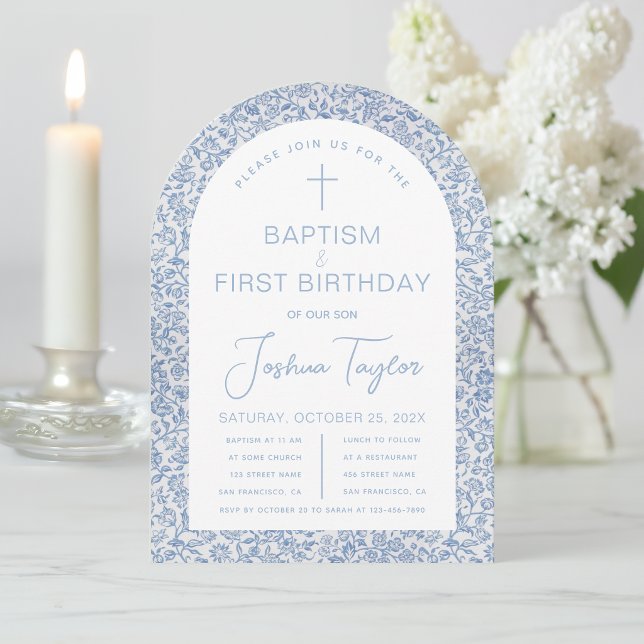 Invitation Blue White Arch Floral Boy Baptism First Birthday (Créateur téléchargé)