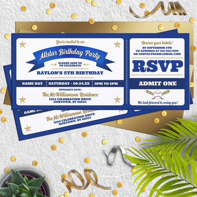 Invitation Blue & White Baseball Allstar Ticket Birthday (Créateur téléchargé)
