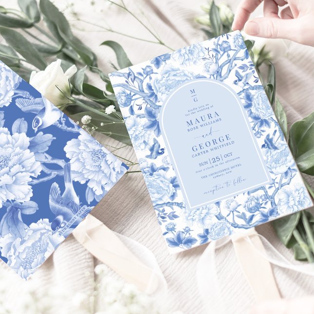 Invitation Blue White Birds Peony Chinoiserie Jardin Mariage (Créateur téléchargé)