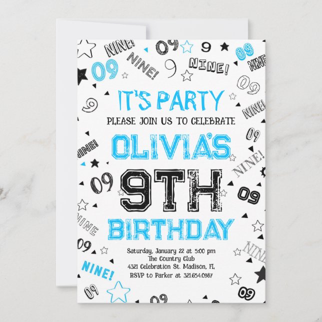 Invitation Blue White Boy Numéro Neuf fête d'anniversaire (Devant)