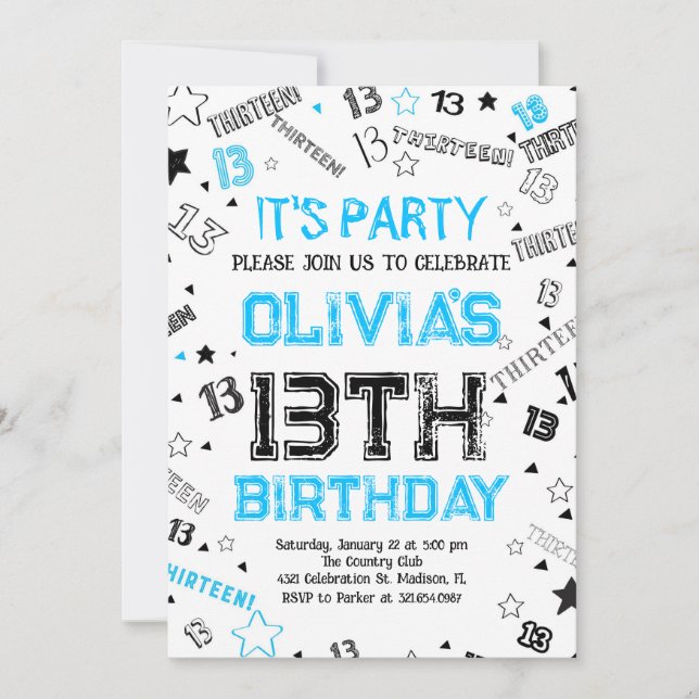 Invitation Blue White Boy Numéro Treize Anniversaire (Devant)