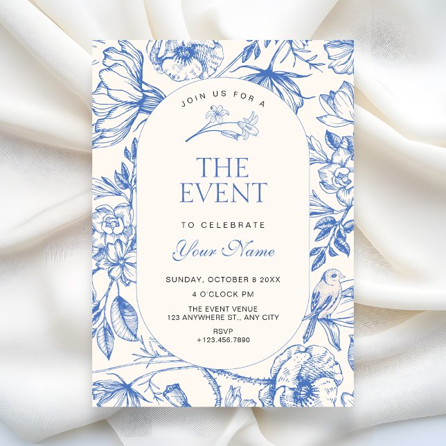 Invitation Blue white Classic artistic floral (Créateur téléchargé)