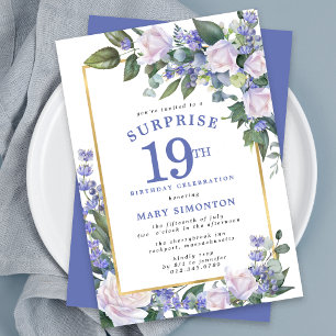 Invitation Blue White Floral 19e anniversaire Surprise Party